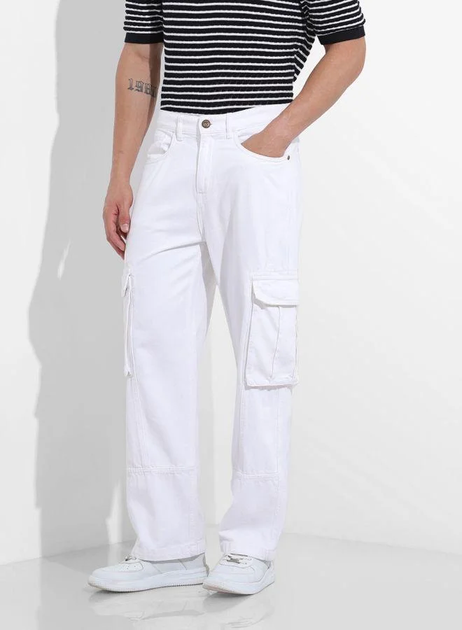 The Indian Garage Co Men Relaxed Fit Solid Cargo Pocket Mid-Rise Jeans